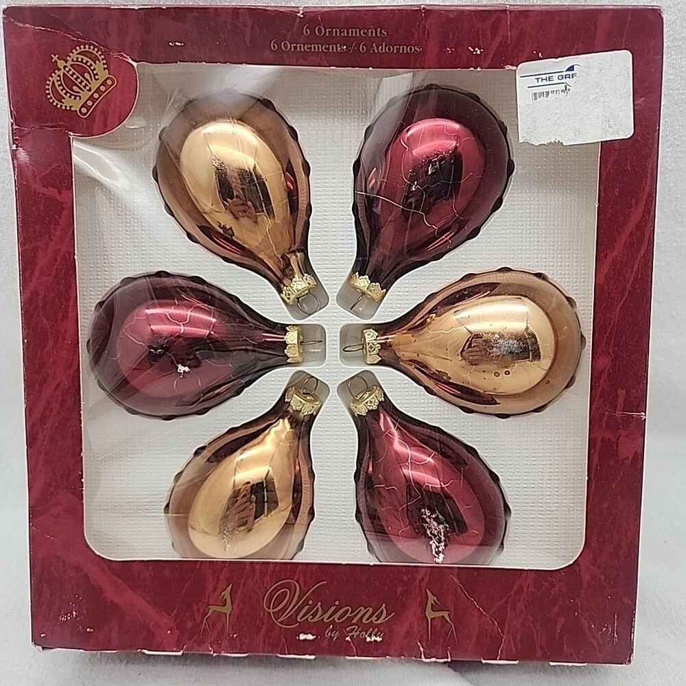 Ornament Teardrop Burgandy And Gold Shiny Colored Visions By Holly USA Made VTG